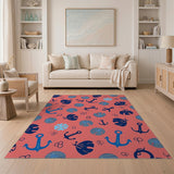 Coral Pink Nautical Anchors Shells Leaves Rug