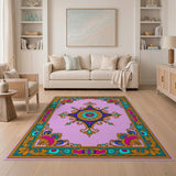 Opulent Pink Medallion Rug with Teal Gold Borders