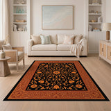 Orange Orange Floral Persian Area Rug on Black