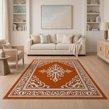 Ornate Terracotta Rug with White Baroque Cross Motif