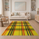 Bold Yellow Plaid Area Rug with Red Black Stripes