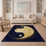 Boho Celestial Sun and Moon Washable Area Rug - Navy Blue & Gold Yin Yang