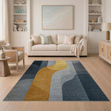 Abstract Gold Curves Navy Grey Area Rug