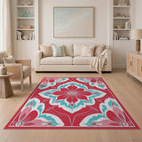 Vibrant Red Teal Floral Medallion Rug