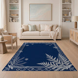 ODIKA Washable Navy Blue Ornate Winter Fern Low Pile Area Rug