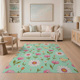 Whimsical Mint Daisy Bird Floral Area Rug