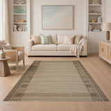 Tan Woven Area Rug with Brown Tribal Borders