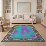 Starry Teal-Purple Gradient Area Rug with Ornate Frame