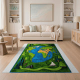 Kids World Map Green Area Rug with Trees Sailboat