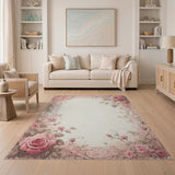 ODIKA Vintage Pink Rose Floral Washable Area Rug - Low Pile Non-Slip Carpet