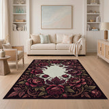 Deep Red Rose Peony Floral Area Rug