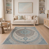 Cream Blue Teal Persian Medallion Area Rug