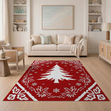 Festive White Christmas Tree on Red Snowflakes Rug