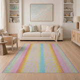 ODIKA Pastel Rainbow Dotted Striped Washable Area Rug - Low Pile Non-Slip & Pet Friendly
