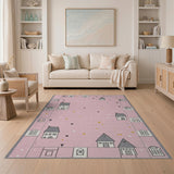Whimsical Pink Cartoon Houses Area Rug