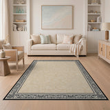Ornate Beige Swirl Pattern Framed Area Rug