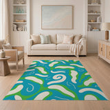 Blue and Teal Teal Abstract Organic Wave Area Rug