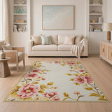 Pink Peony Floral Border Cream Area Rug