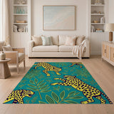 Bold Yellow Leopard Teal Leaf Area Rug