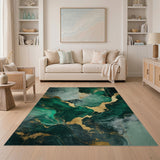 ODIKA Emerald Green and Gold Marble Washable Rug - Non-Slip Low Pile Modern Abstract Area Rug
