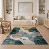 Blue and Teal Teal Gold Geometric Abstract Area Rug
