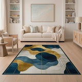 ODIKA Modern Abstract Blue and Gold Washable Rug - Low Pile Non-Slip Area Rug