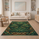 ODIKA Celtic Shamrock Washable Rug - Green & Gold Ornate Low Pile Area Rug