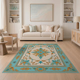 Teal Gold Ornate Floral Medallion Rug