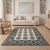 Beige Area Rug with Black Floral Medallions Ornate Border