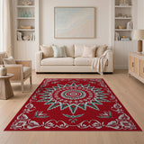 Vibrant Red Mandala Area Rug with Green Foliage
