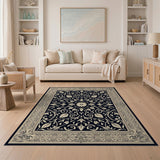 Ornate Ivory Floral Medallion Black Area Rug
