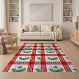 Festive Red Plaid Holly Snowflake Area Rug