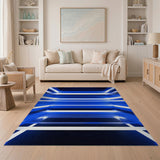 ODIKA Modern Blue Geometric Striped Washable Rug - Non-Slip Low Pile Area Carpet