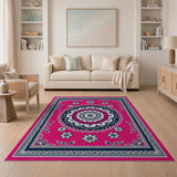 Vibrant Pink Mandala Persian Rug with Navy Borders