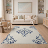 Navy Blue Damask Floral Area Rug