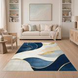 Navy Blue Abstract Wave Area Rug with Gold