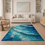 Abstract Blue Ocean Wave Washable Area Rug, Low Pile Non-Slip