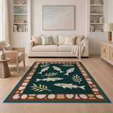 ODIKA Mediterranean Fish Pattern Washable Teal Area Rug - Low Pile & Non-Slip