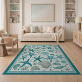 Coastal Beach Blue and Teal Teal Starfish Seashell Coastal Area Rug