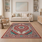 Red Persian Medallion Area Rug with Teal Accents