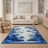Serene Blue Chinese Pavilion Landscape Rug