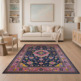 Navy Persian Area Rug with Vibrant Pink Borders
