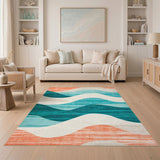 Abstract Teal Wave Washable Area Rug