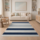 Navy Blue and White Striped Woven Rug
