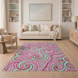 Vibrant Pink Green Swirl Abstract Area Rug