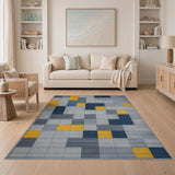Geometric Block Area Rug in Grey, Yellow Blue