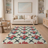 Vibrant Red Floral Vases Black Cross Pattern Rug