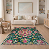 Vibrant Teal Persian Floral Medallion Rug