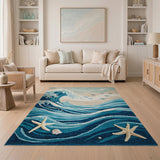 Ocean Waves Coastal Beach Area Rug with Starfish