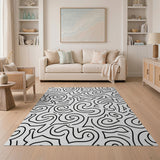 Swirling Curves Black White Abstract Area Rug